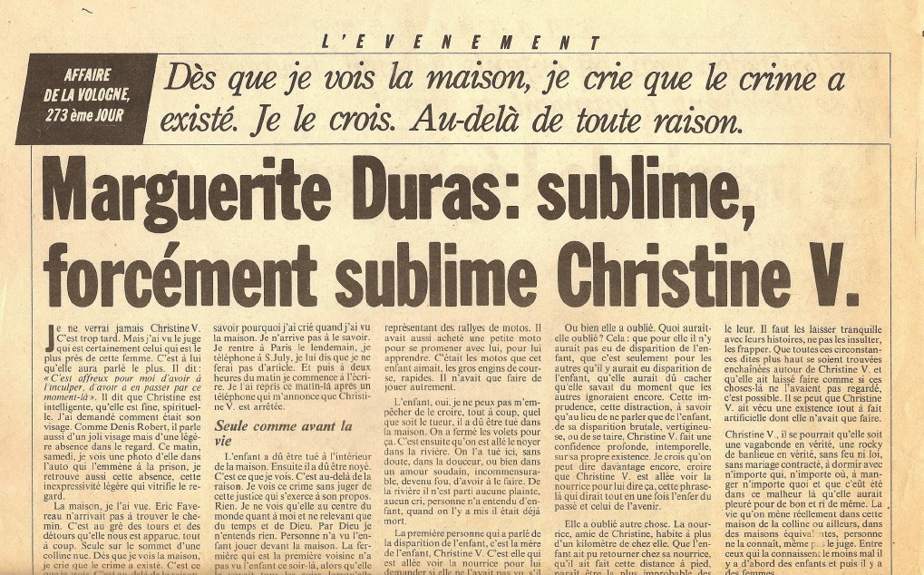 Article de Marguerite Duras sur Christine V. 0